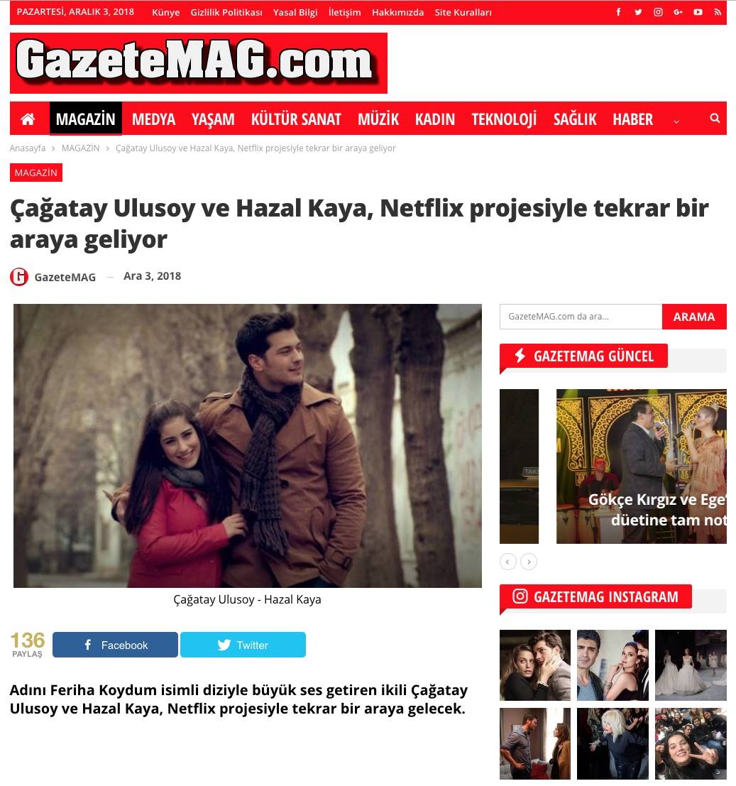 Хазал Кая и Чагатай Улусой в первом турецком фильме